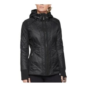 Athleta Black Quilted Hybrid Jacket Small Hooded Thumbholes Reflective